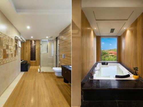 two images of a bathroom with a tub and a toilet at Mahua Bagh Resort Kumbhalgarh in Kumbhalgarh