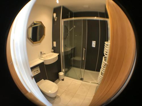 a bathroom with a shower and a toilet and a sink at The Old School, Kingussie in Kingussie