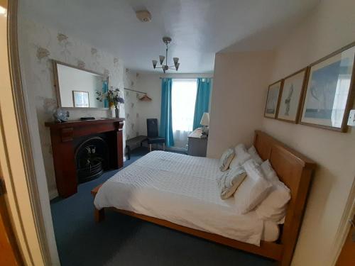 a bedroom with a bed and a desk and a mirror at Foss Room in Dartmouth