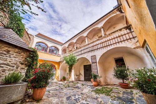 un vecchio edificio con piante in vaso in un cortile di Smile Apartments "Lesehof" a Krems an der Donau