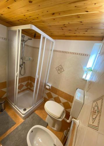 a bathroom with a toilet and a shower in it at Casa Noto in Noto