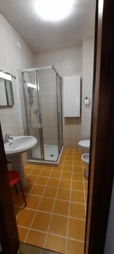 een badkamer met een douche, een wastafel en een toilet bij M&M 26 in Tarvisio