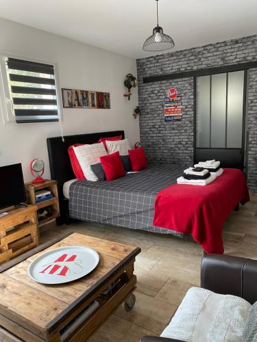a bedroom with a bed with red pillows at LES SANTOLINES - Studio Retro in Aigaliers