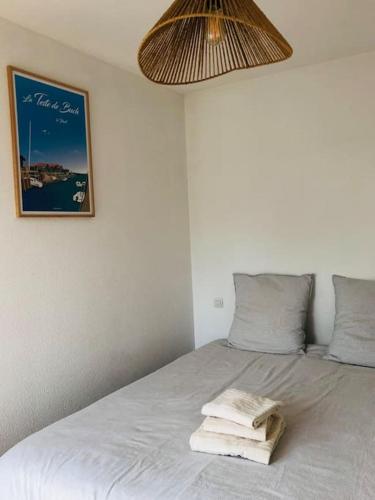 un lit blanc avec deux serviettes dessus dans l'établissement A deux pas du port, jolie maison redécorée, à La Teste-de-Buch