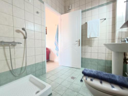 uma casa de banho com um chuveiro, um WC e um lavatório. em Iris Apartments Ithaca em Vathi