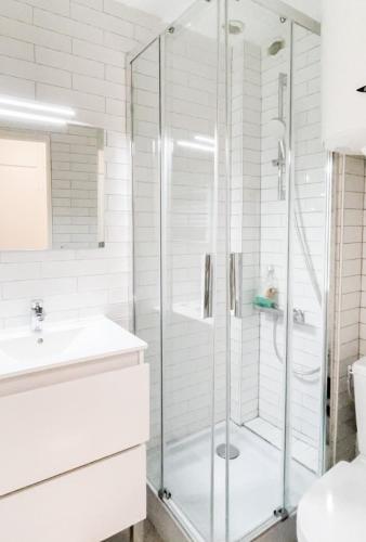 une salle de bain blanche avec une douche et un lavabo dans l'établissement Hibou vieille ville charme de l ancien, à Annecy