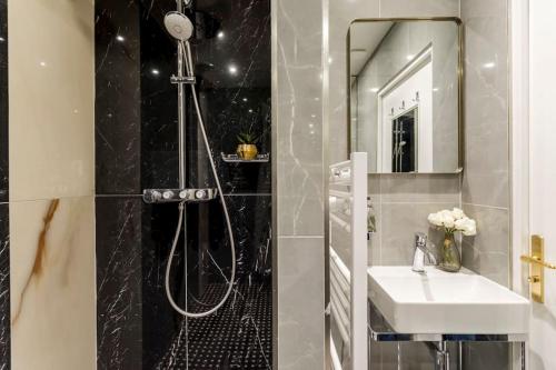 a bathroom with a shower and a sink and a mirror at Luxury 3 bedroom & 2 bathroom - Louvre in Paris