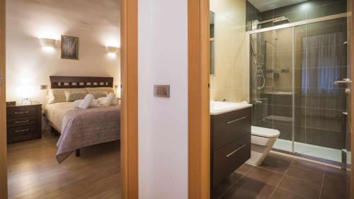 a bedroom with a bed and a bathroom with a shower at Apartamento Alfileritos 14 by Toledo AP in Toledo