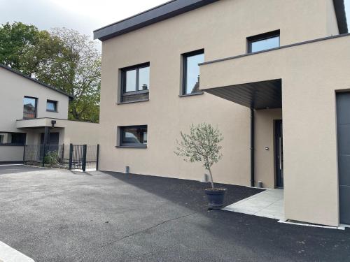 a house with a tree in front of it at Proche Europa-Park et Rulantica : la Villa HOPLA in Rhinau