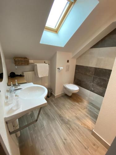 une salle de bain avec un lavabo blanc et des toilettes dans l'établissement Logis hôtels Les Granges de Bigose, à Rimeize