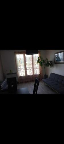 - un salon avec un canapé bleu et une fenêtre dans l'établissement Splendide T2 appartement de 55 m2, à Limoges
