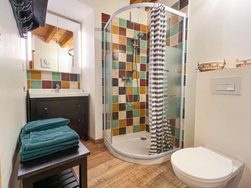 uma casa de banho com um chuveiro, um WC e um lavatório. em gite au chat bûcheron em Vienne
