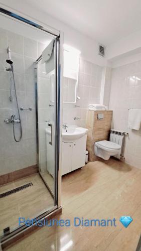 a bathroom with a shower and a sink and a toilet at Pensiunea Diamant in Ghimbav