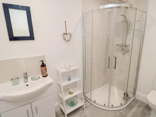 a bathroom with a shower and a sink at 5 West Winds in Eyemouth