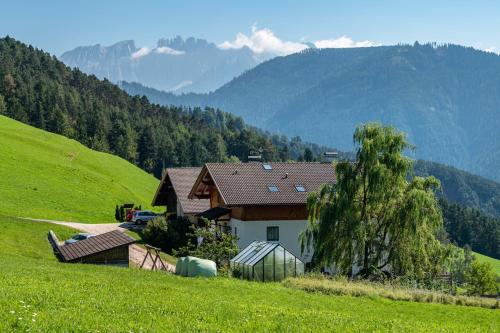 a house on a hill with mountains in the background at Mongaduierhof Apt Panorama in Umes