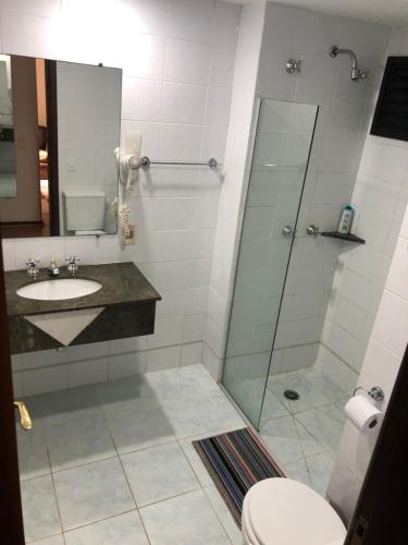 a bathroom with a shower and a sink and a toilet at Apartamento completo no Batel in Curitiba