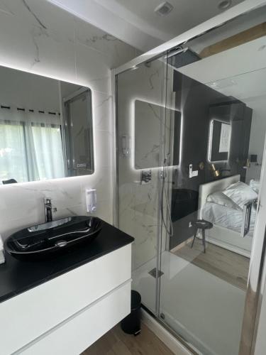 a bathroom with a glass shower and a sink at Suite romantique avec Spa et filet suspendu in Auteuil