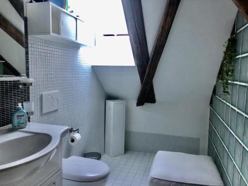 a small bathroom with a sink and a toilet at 2 Zimmer mit Seeblick Bad geteilt auf der Etage in Kilchberg