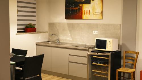 a kitchen with a sink and a microwave on a counter at LE TORRI Loft Apartment in Fossano