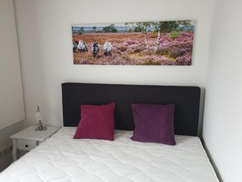a bedroom with a bed with two purple pillows at Apartment Heideland in Buchholz in der Nordheide