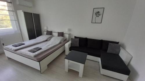 ein Schlafzimmer mit einem Bett, einem Sofa und einem Tisch in der Unterkunft Grey Harmony Apartman in Debrecen