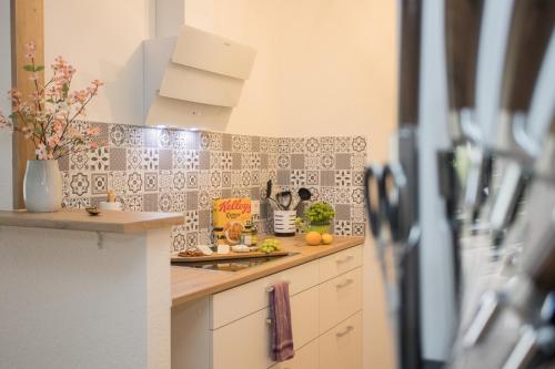 a small kitchen with a counter and a refrigerator at Deluxe Apartment - Sauna & Pool - Free Parking in Winterberg