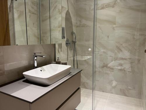 La salle de bains est pourvue d'un lavabo et d'une douche. dans l'établissement Diamant apartment pri sejmu MOS, à Celje