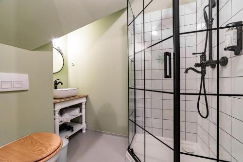 a bathroom with a shower and a sink at Czakó Bed&Breakfast in Budapest