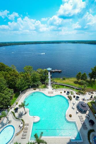 an aerial view of a resort with a large swimming pool at Orlando Blue Heron Beach Resort Renewed apartment in Orlando