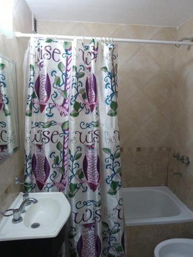 a bathroom with a sink and a shower curtain at Departamento en Morón in Morón