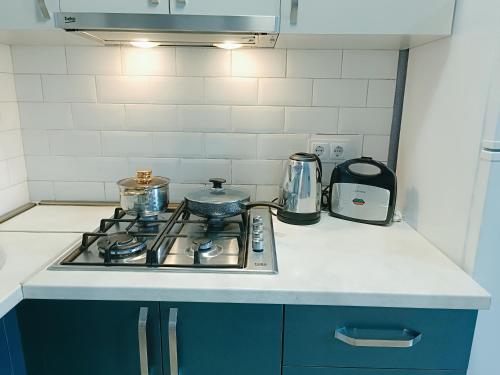 a stove top with pots and pans on a kitchen counter at Vake Residence close to Park Mziuri in Tbilisi City
