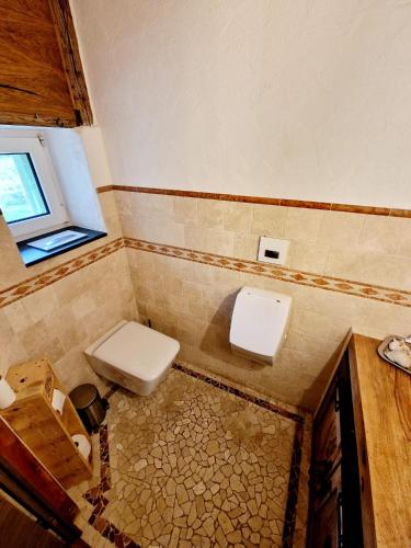a bathroom with a toilet and a window at Wood & Stone Lodge 1 in Donaueschingen