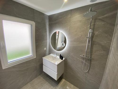 a bathroom with a sink and a shower and a mirror at Maison moderne in Is-sur-Tille