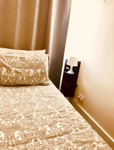 a bedroom with a bed with a pillow and a lamp at AC Lounge 36 (Room D) in Rochford