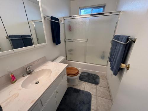 a bathroom with a sink and a shower at Perfect Ski Rental 2 blocks from Village Gondola in Mammoth Lakes