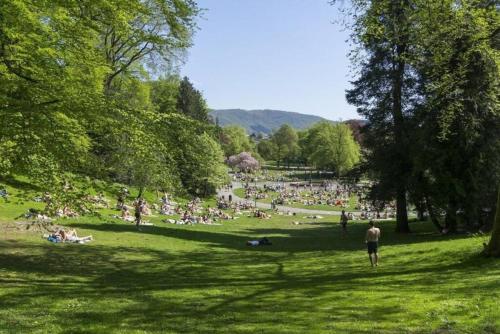 a crowd of people sitting in a park at Dinbnb Apartments I New 2021 I Affordable Option in Bergen