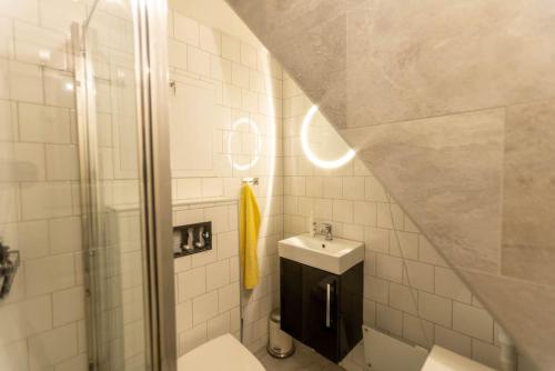 a bathroom with a toilet and a sink and a shower at Dinbnb Homes I Cozy Cellar Apartment in Historical Cobblestone Street" in Bergen
