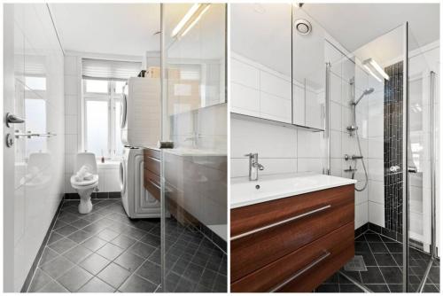 2 Bilder eines Badezimmers mit Waschbecken und WC in der Unterkunft Dinbnb Homes I Family Friendly Home in Historical Sandviken in Bergen