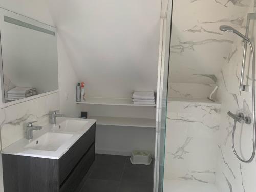 une salle de bain blanche avec un lavabo et une douche dans l'établissement Guest house au calme à 900 M de Longchamps, à Saint-Lunaire