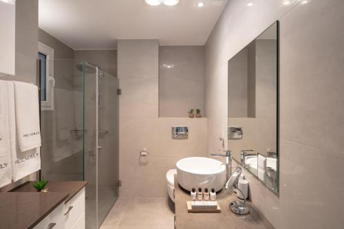 uma casa de banho com um WC e uma cabina de duche em vidro. em Piccadilly House em Arta