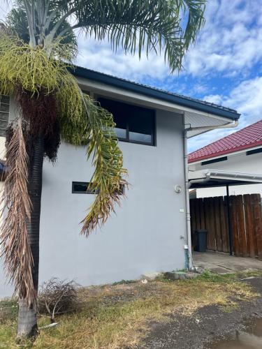 a white house with a palm tree in front of it at Beach side Duplex in Punaauia