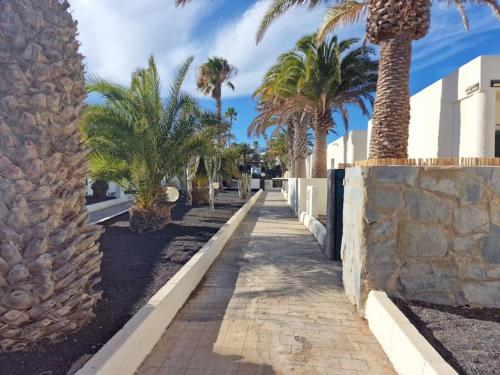 a sidewalk with palm trees next to a wall at RockBeach bungalow in Costa Teguise
