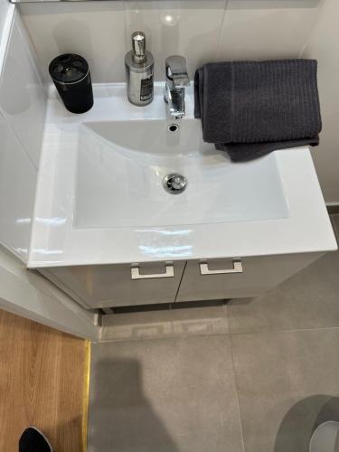 La salle de bains est pourvue d'un lavabo blanc. dans l'établissement La Résidence élégante, à Saint-Denis