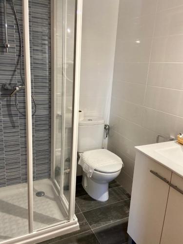 a bathroom with a toilet and a shower at Hotel Les Roques in Báscara