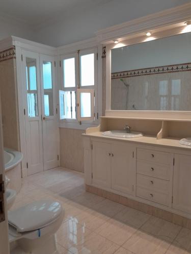 ein Badezimmer mit Toilette, Waschbecken und Spiegel in der Unterkunft Old town Santa Cruz in Santa Cruz de Tenerife