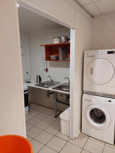 a small kitchen with a sink and a washing machine at Pigus apgyvendinimas Palangoje in Palanga