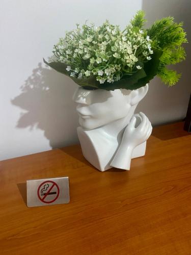 a white vase with a plant on top of a table at Elina apartament in Drobeta-Turnu Severin
