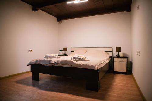 een slaapkamer met een bed in een kamer bij Beer and caffe apartment in Subotica