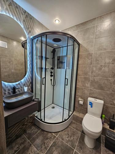 a bathroom with a shower and a toilet and a sink at DeLuxe Apartments in Almaty