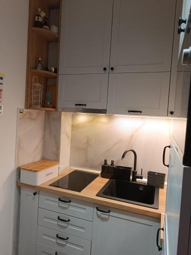 a kitchen with white cabinets and a sink at Hedonica 11 Ema in Vrdnik